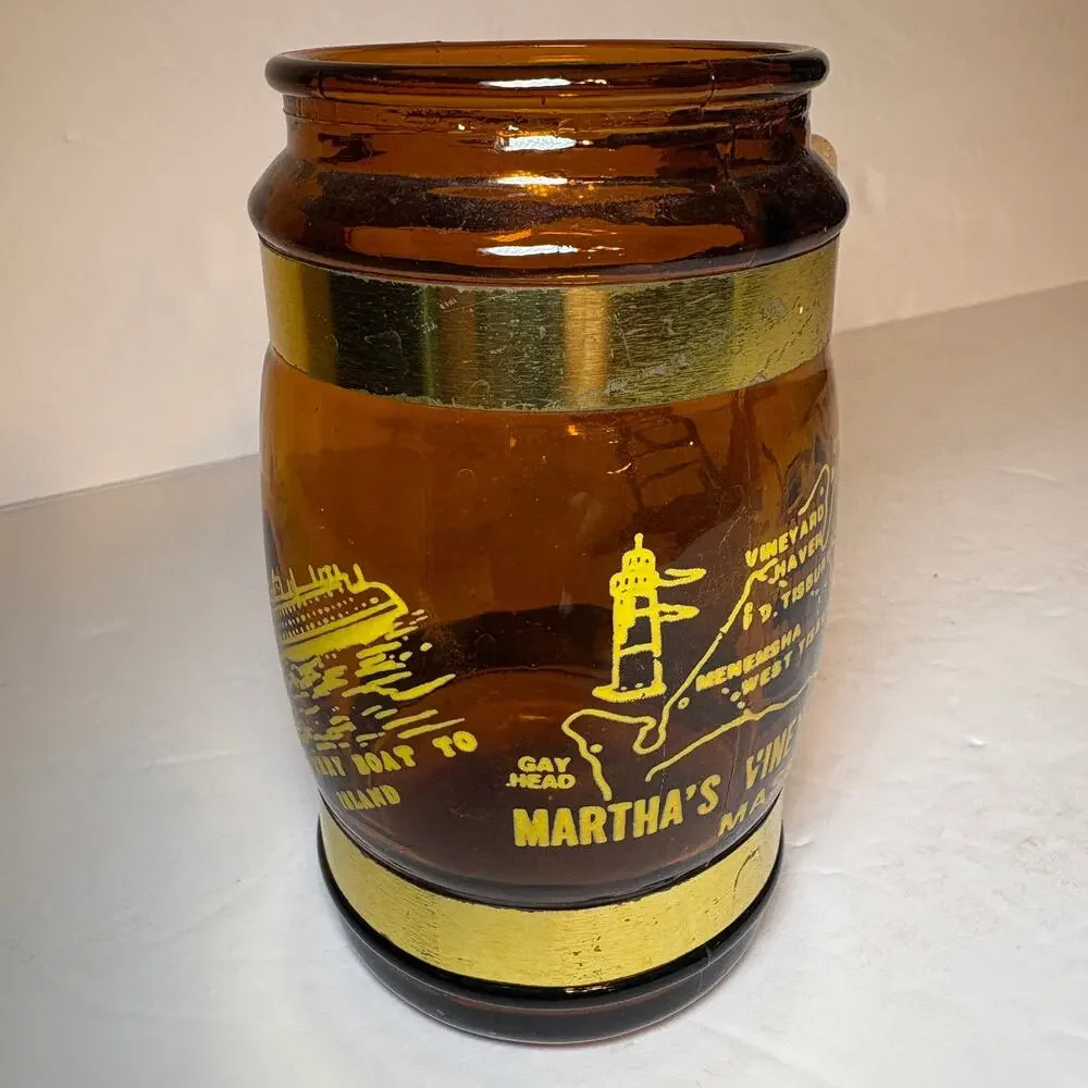 Vintage Marthat's Vineyard Mass Souvenir Brown Glass Barrel Mug Wood Handle